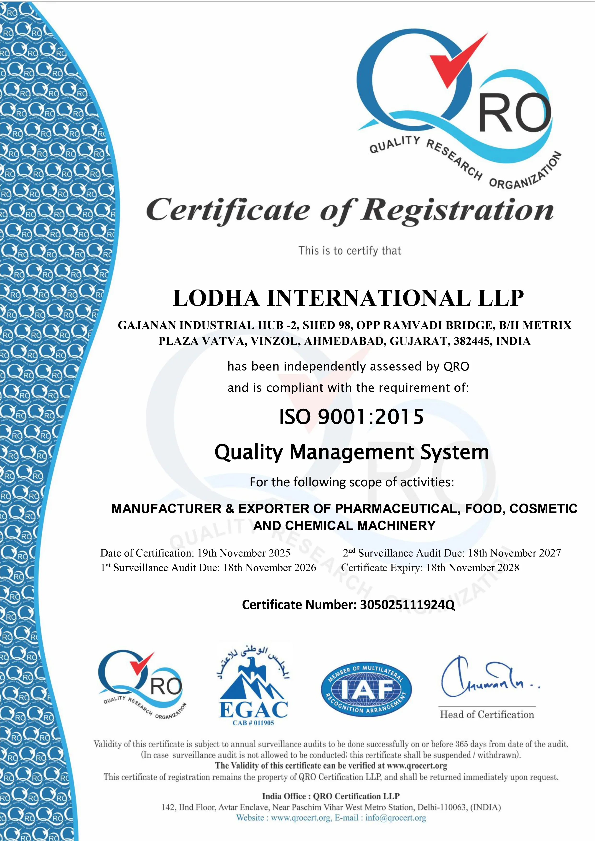 ISO 9001:2015 Quality Management System Certificate - Lodha International LLP