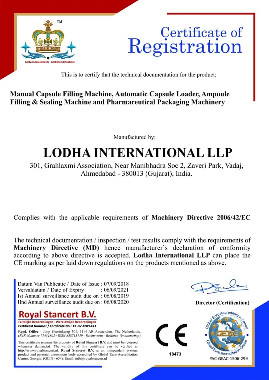 GMP Certificate of Pharmaceutical Machinery - Lodha International LLP